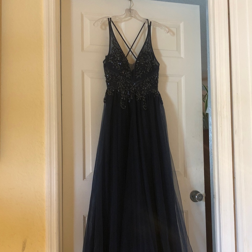Gianni Bini Navy Beaded V-Neck Evening Gown